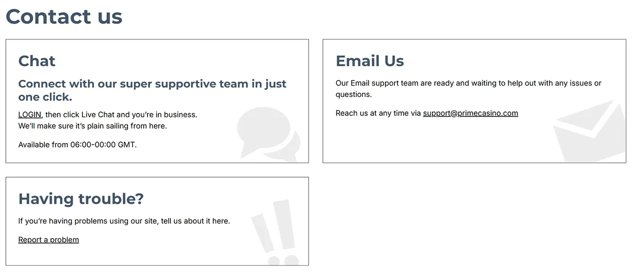 Prime Casino customer support options